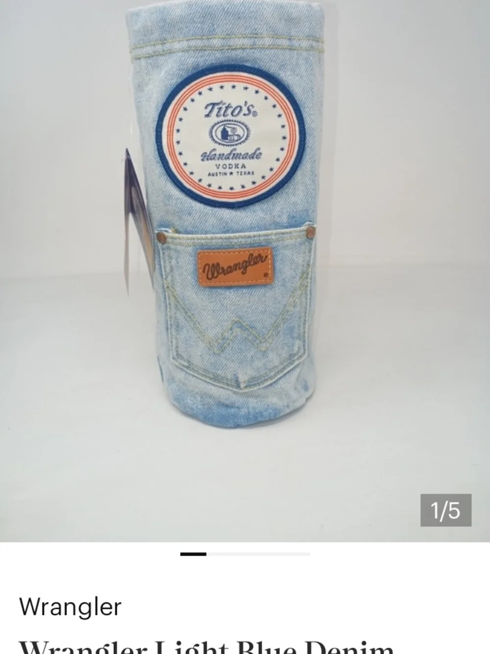 Wrangler Light Blue Denim Bottle Holder with Tito's Patch And Drawstring